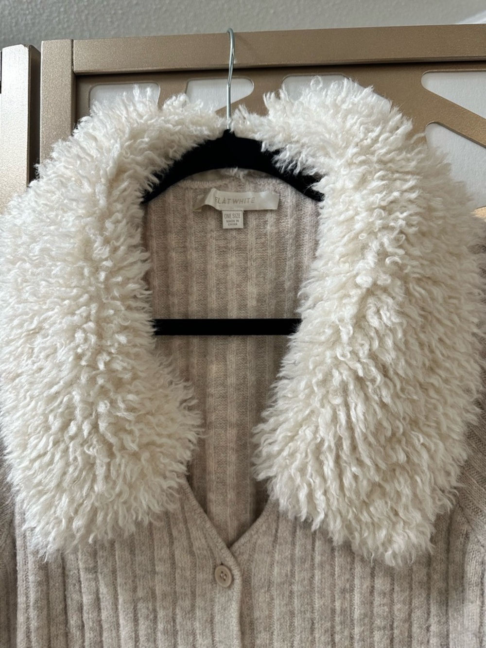 Flat  White  Rib Knit Cardigan with Faux Shearling Anthropology